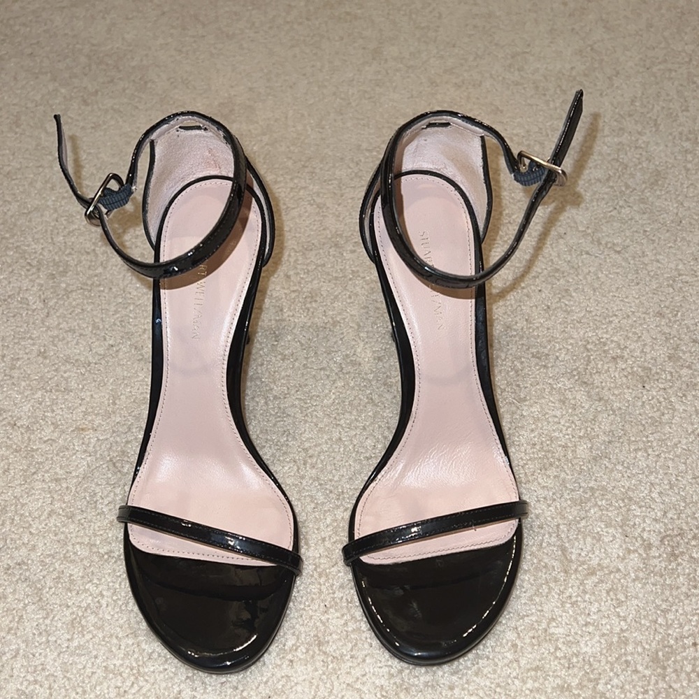 Stuart Weitzman Black Patent Leather Ankle-Strap Sandals - Picture 2 of 5
